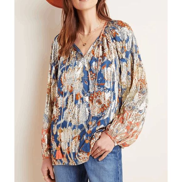 Anthropologie Verb Pallavi Singhee Stephania Shimmer Peasant Blouse XS, MP $188 - Picture 1 of 16